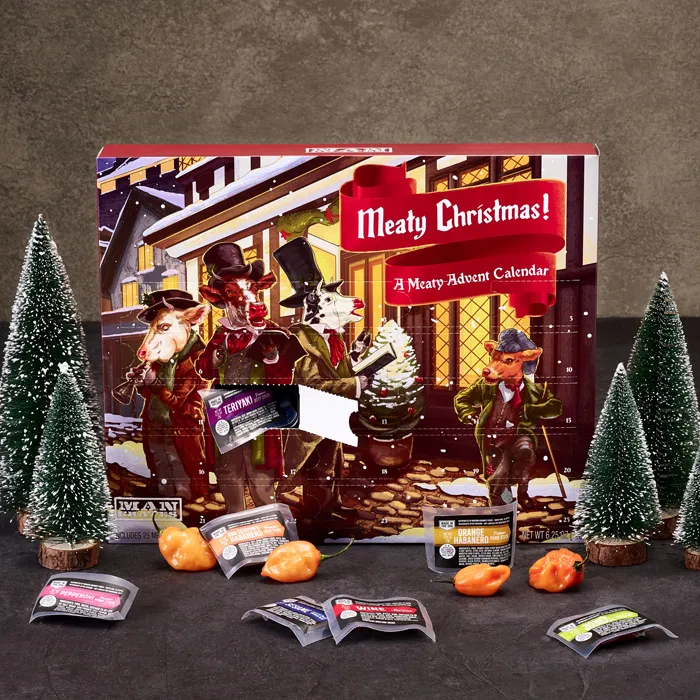 Advent calendar with jerky and assorted Christmas decorations